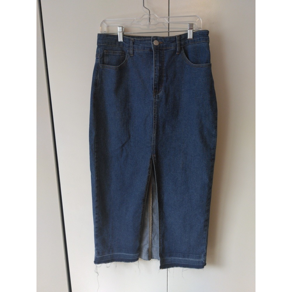 Womens Denim Distressed Hem Maxi Skirt Size L Front Slit Western 90s Grunge